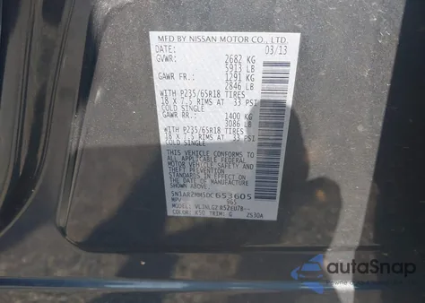 2013 Nissan Pathfinder S/Sv/Sl/Platinum z USA, uszkodzony, nr VIN 5N1AR2MM5DC653605